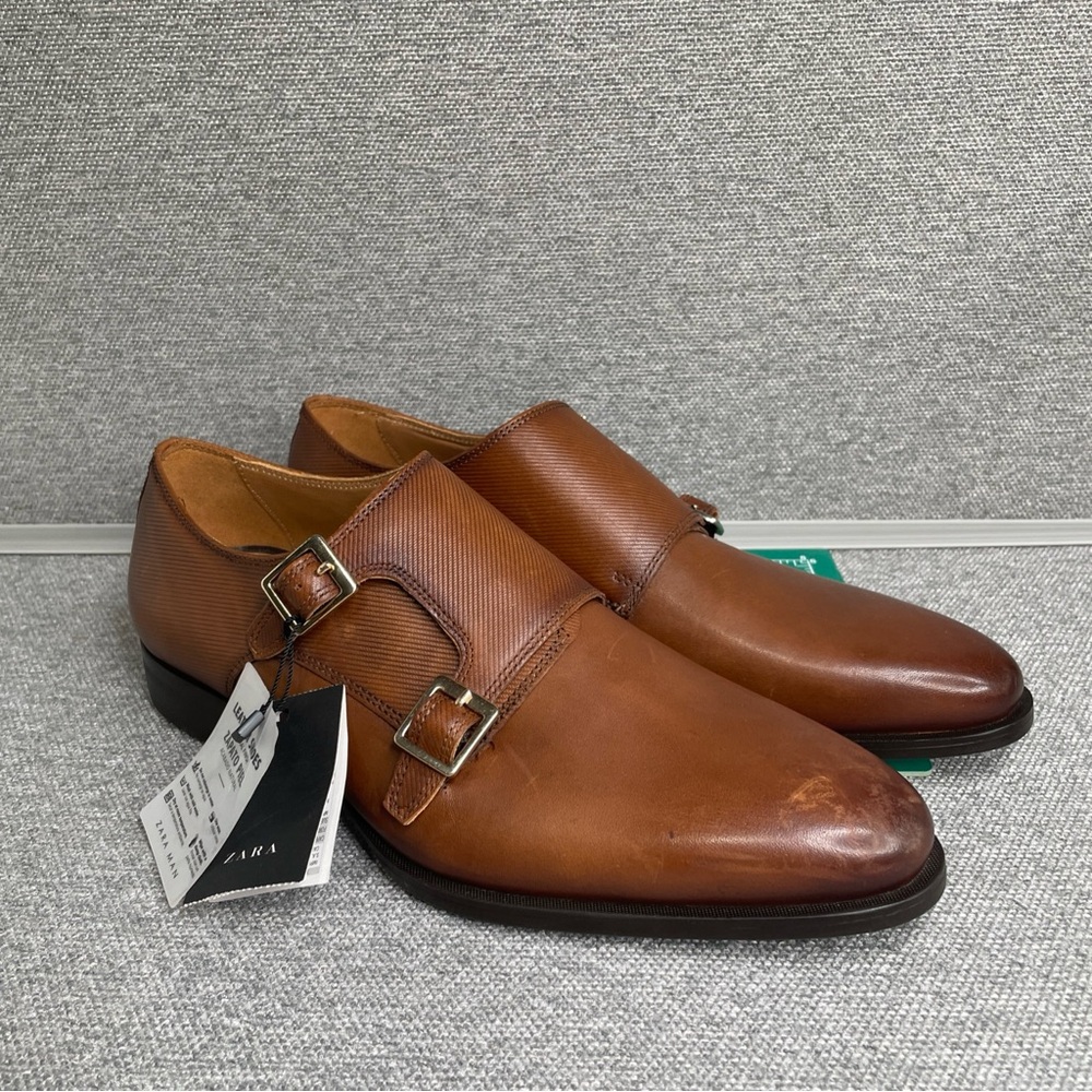 Zara Man US 7 EUR 40 Brown Leather Double Monk Strap Buckle Dress Shoes Oxfords
